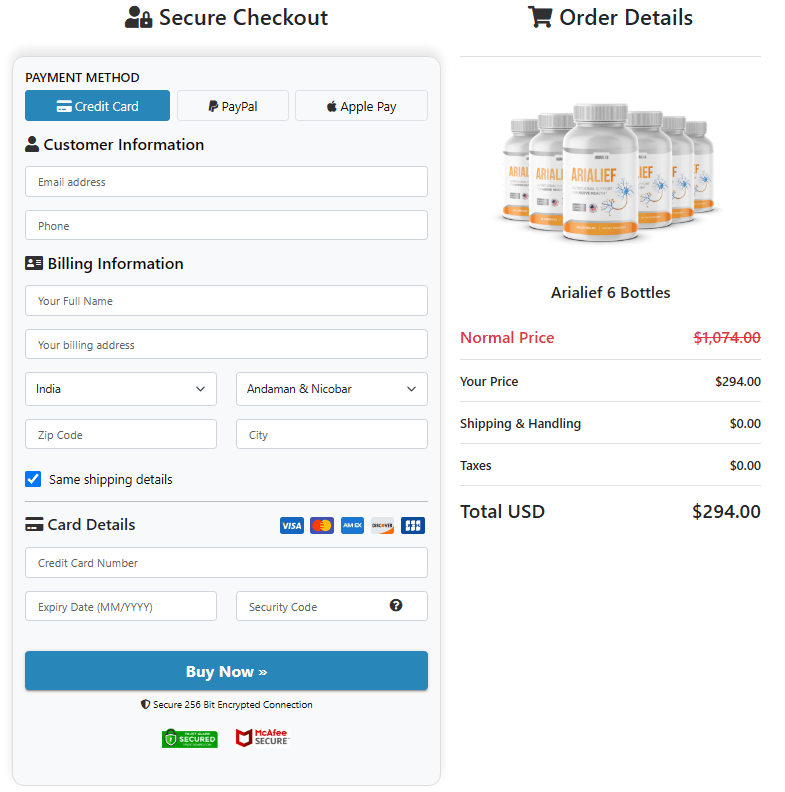 Arialief Secure Checkout Page